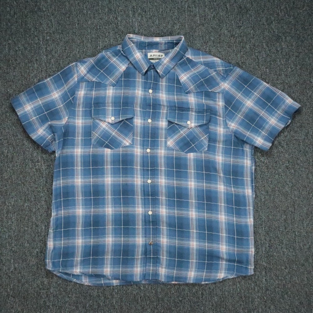 Ariat Shirt Mens XL Blue White Plaid Short Sleeve Pearl Snap Western